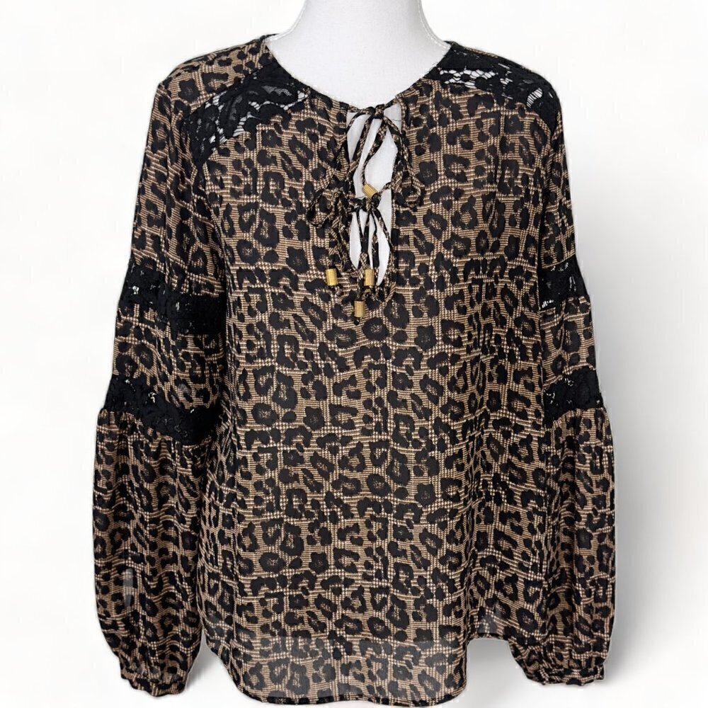 Michael Kors Leopard Lace Embellished V-Neck Tie Front Long Sleeve Blouse (S)